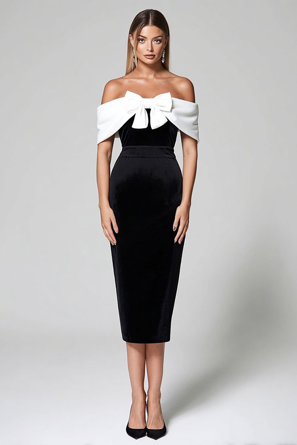 Black and White Bodycon Off the Shoulder Midi Cocktail Dress with Bow