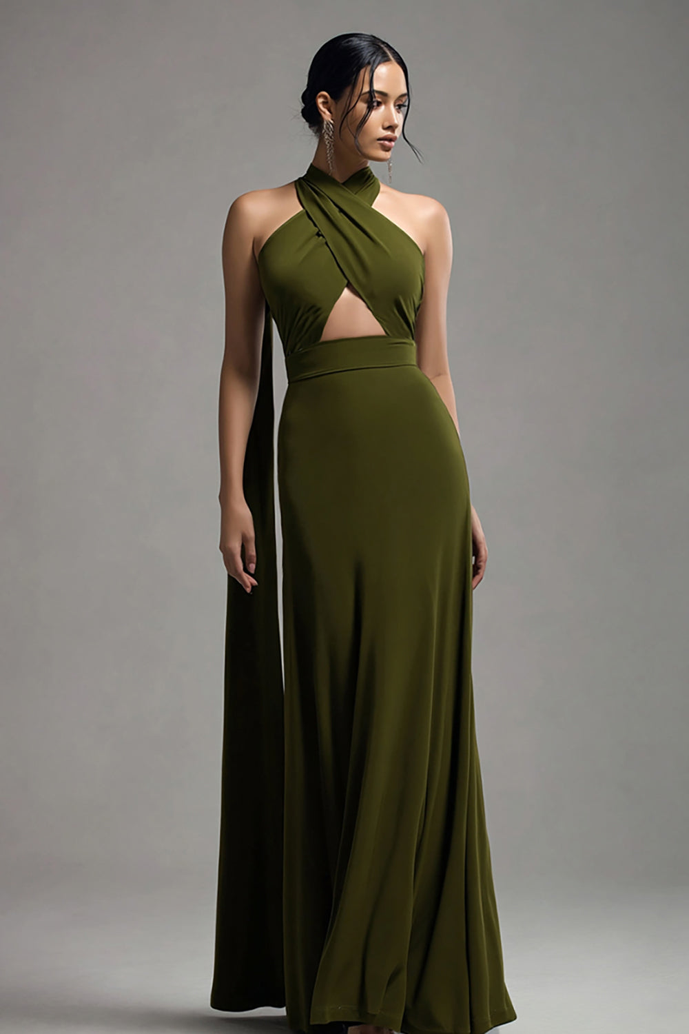 Olive Satin Halter Keyhole Maxi Formal Dress with Streamer