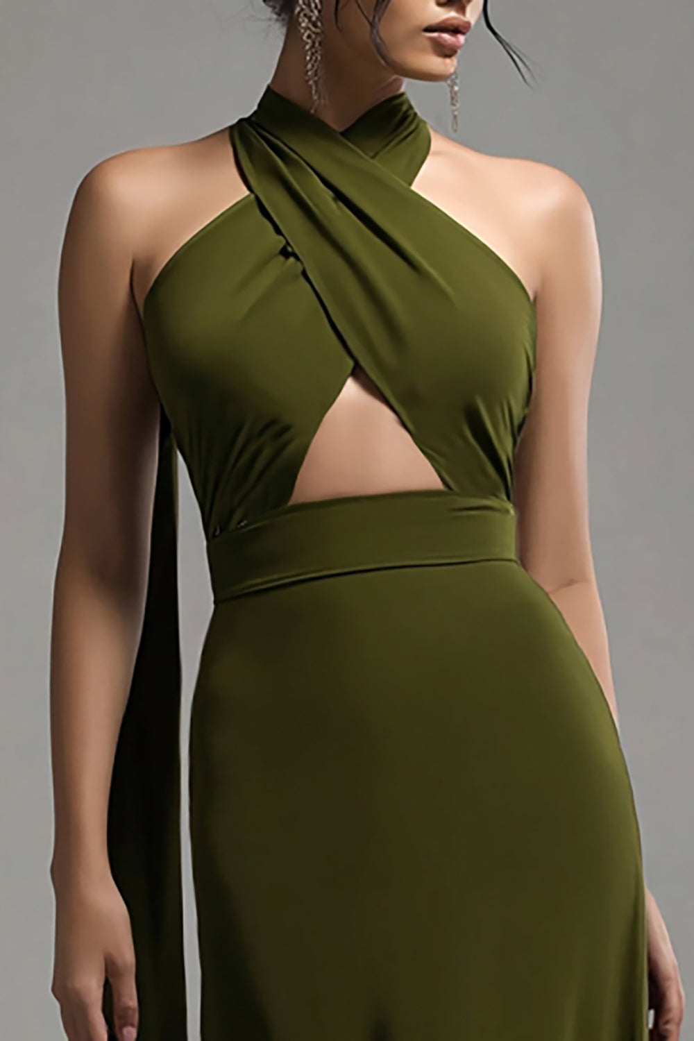 Olive Satin Halter Keyhole Maxi Formal Dress with Streamer