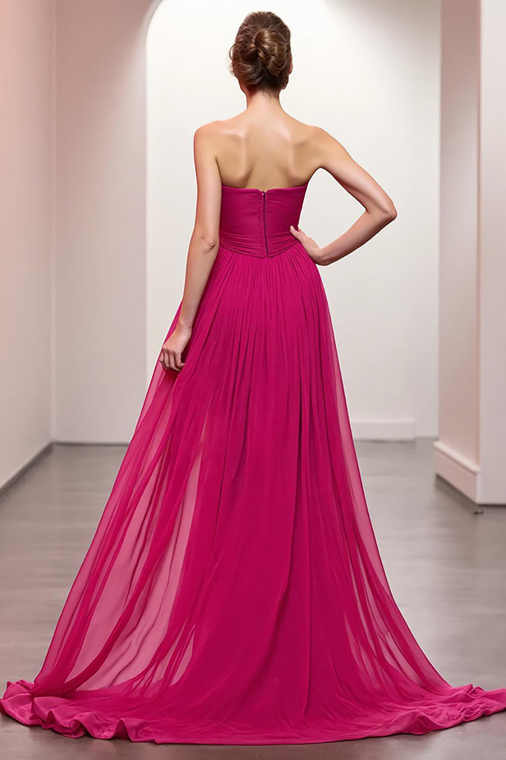 Pink Strapless Ruched Maxi Evening Dress with High Slit