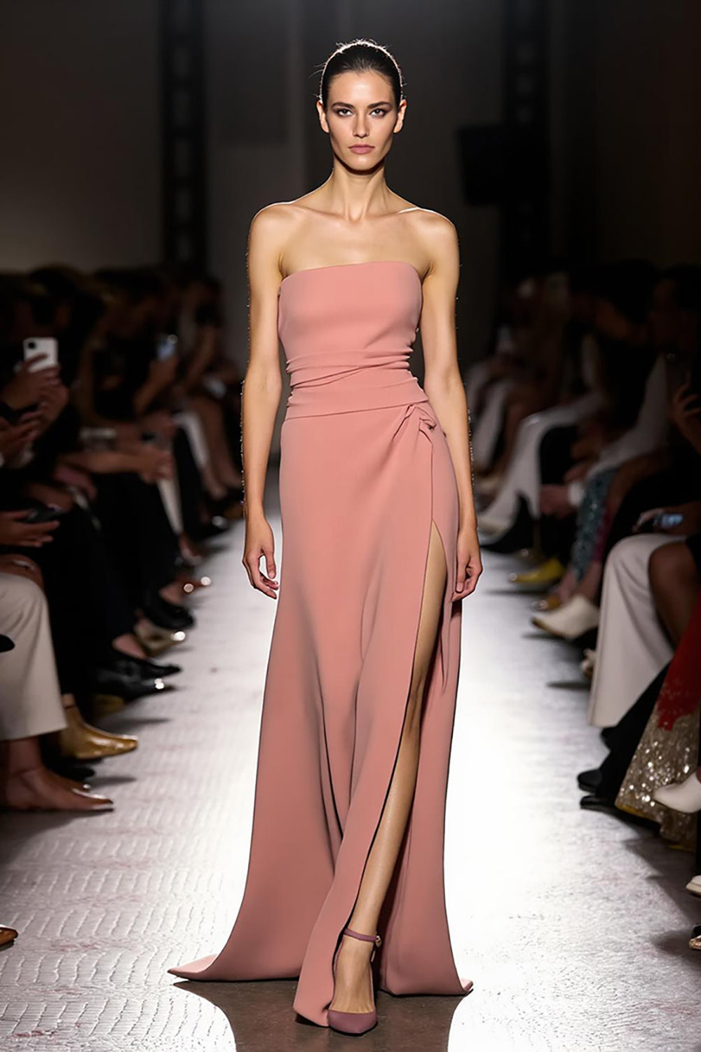 Maxi Pink Strapless Ruched Evening Dress with Slit