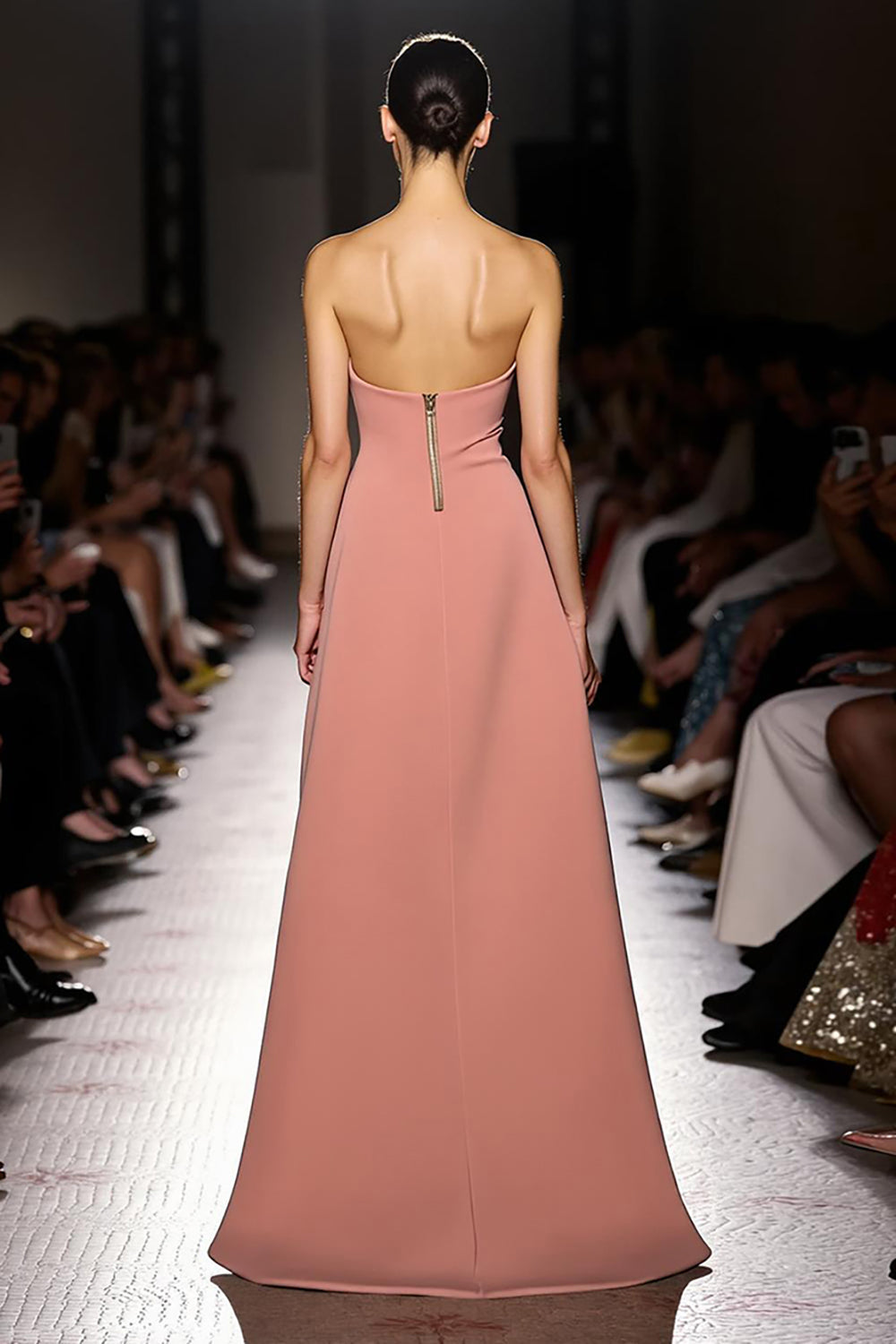 Maxi Pink Strapless Ruched Evening Dress with Slit