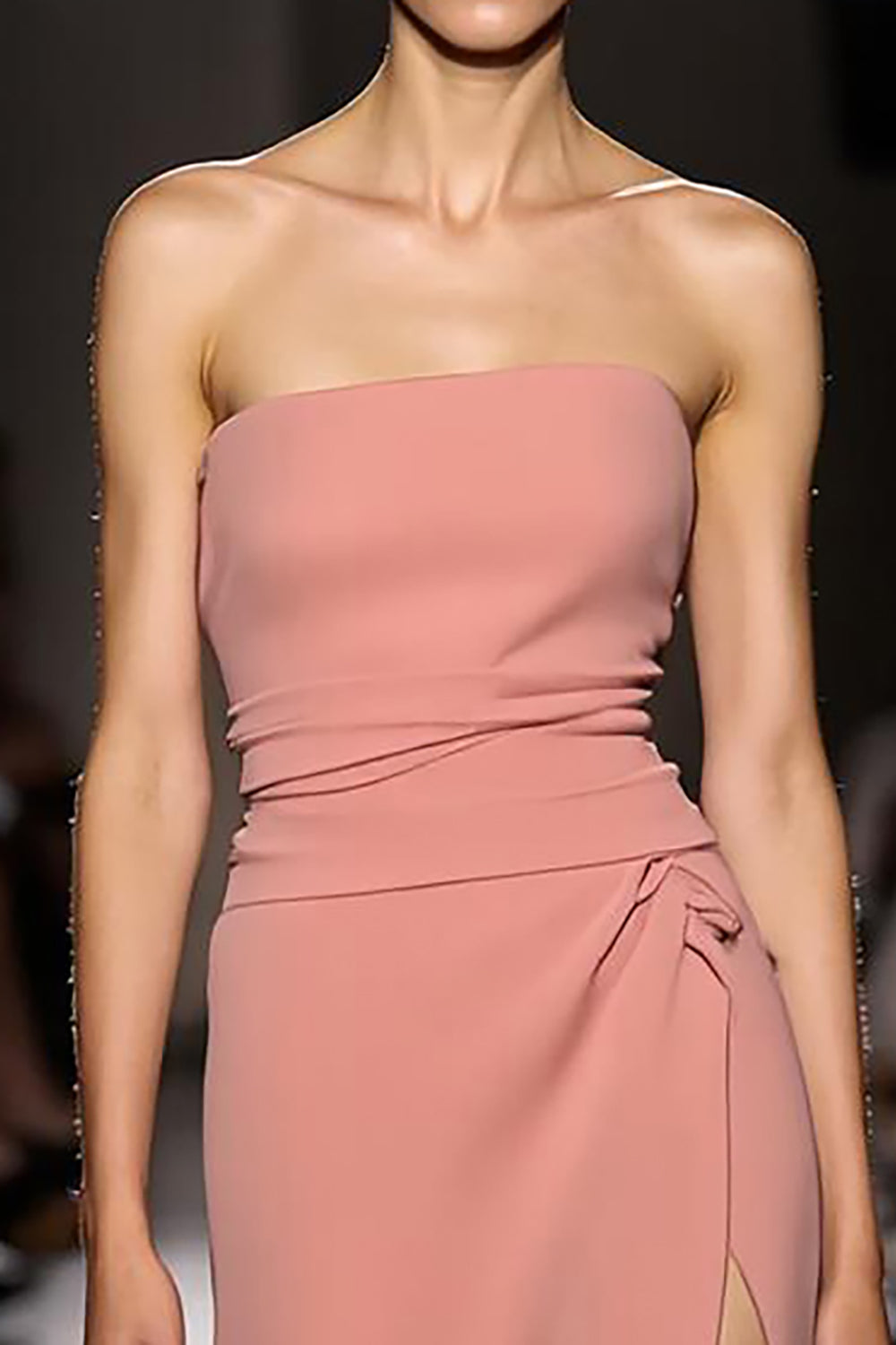 Maxi Pink Strapless Ruched Evening Dress with Slit