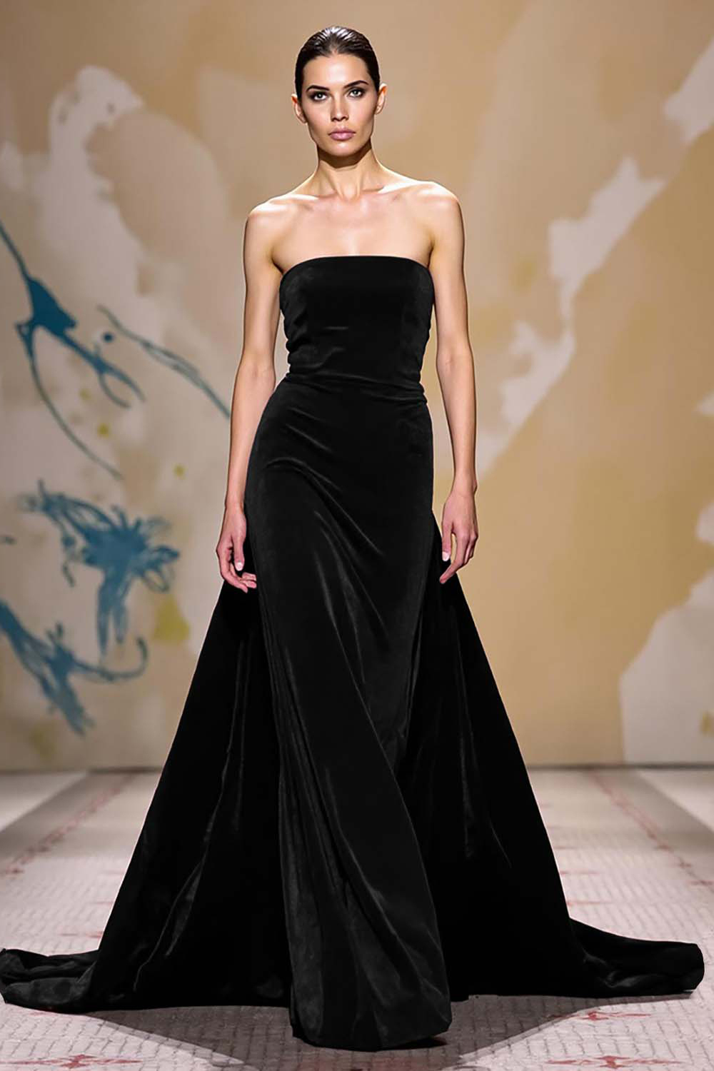 Leely Women Dark Red Velvet Maxi Evening Dress Strapless Sheath Back Zipper Gala Dress with Cape