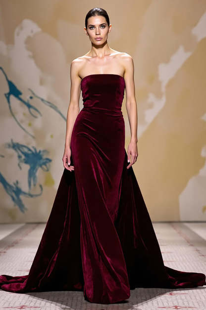Maxi Dark Red Velvet Strapless Sheath Evening Dress with Cape