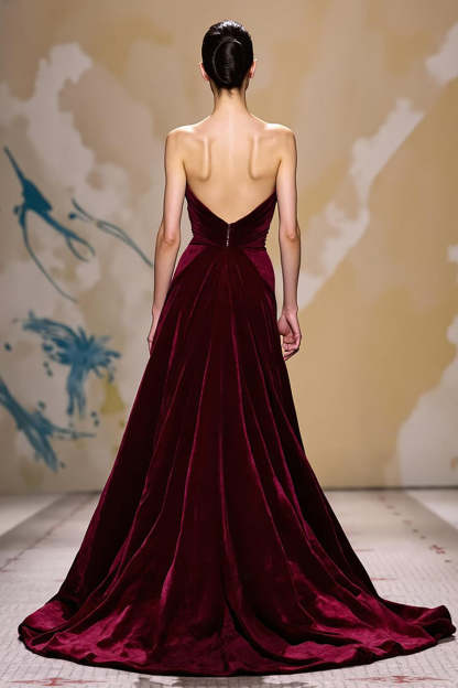 Maxi Dark Red Velvet Strapless Sheath Evening Dress with Cape