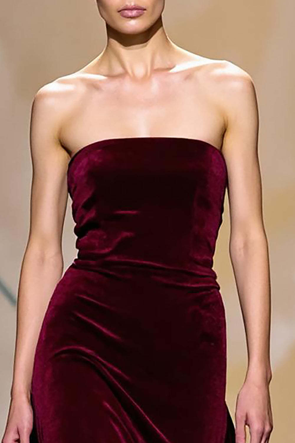 Maxi Dark Red Velvet Strapless Sheath Evening Dress with Cape