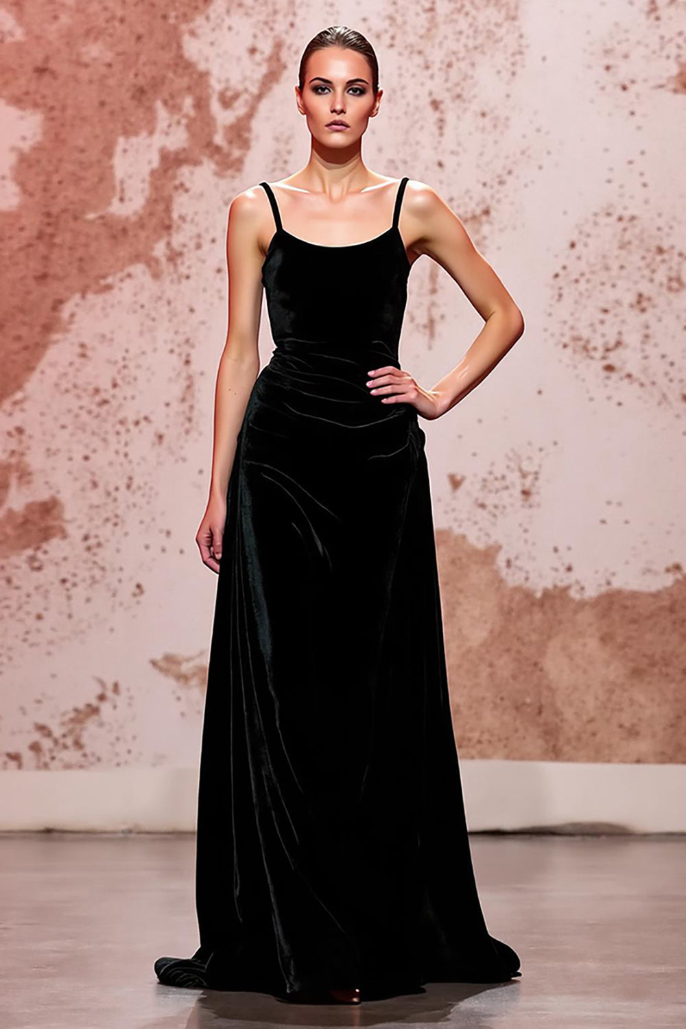 Velvet Black Spaghetti Straps Sheath Maxi Evening Dress