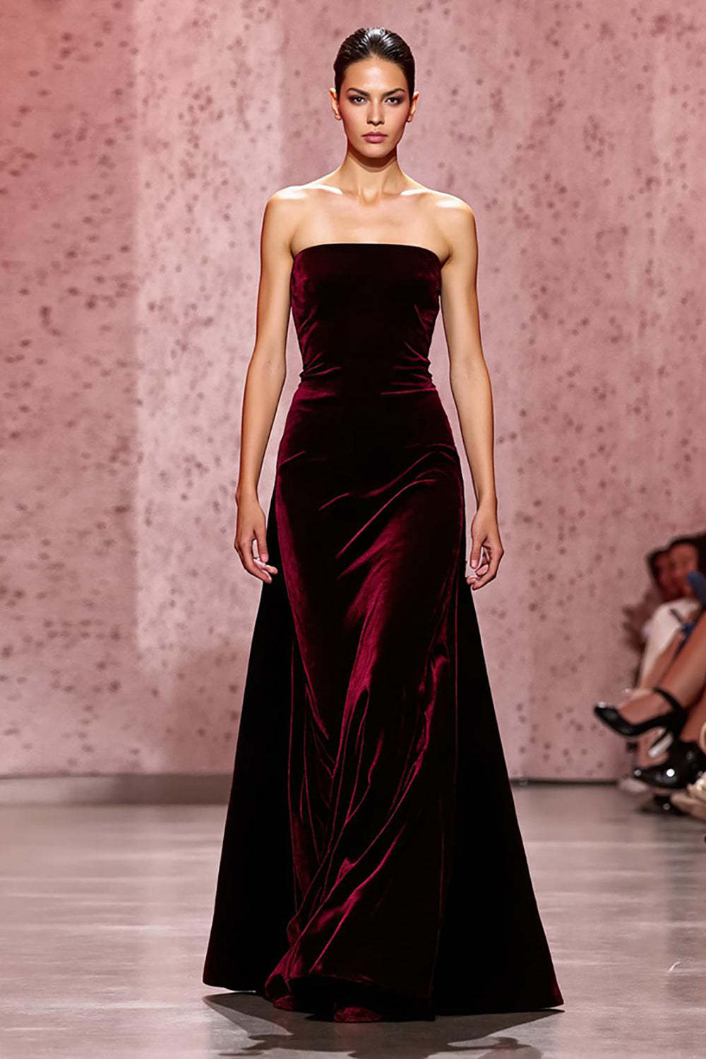 Leely Women Dark Red Velvet Maxi Evening Dress Strapless Sheath Holiday Party Dress