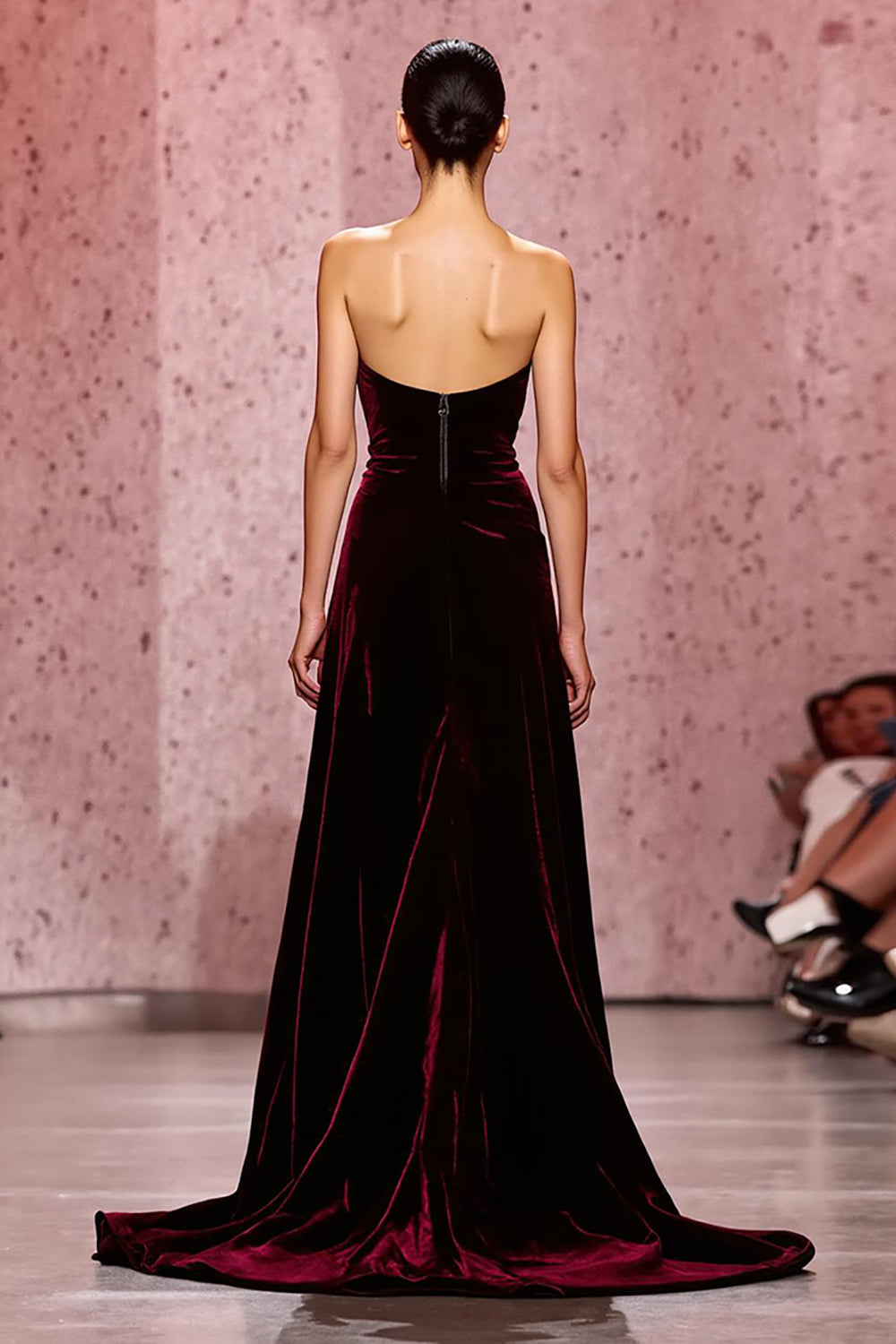 Dark Red Strapless Velvet Maxi Sheath Evening Dress