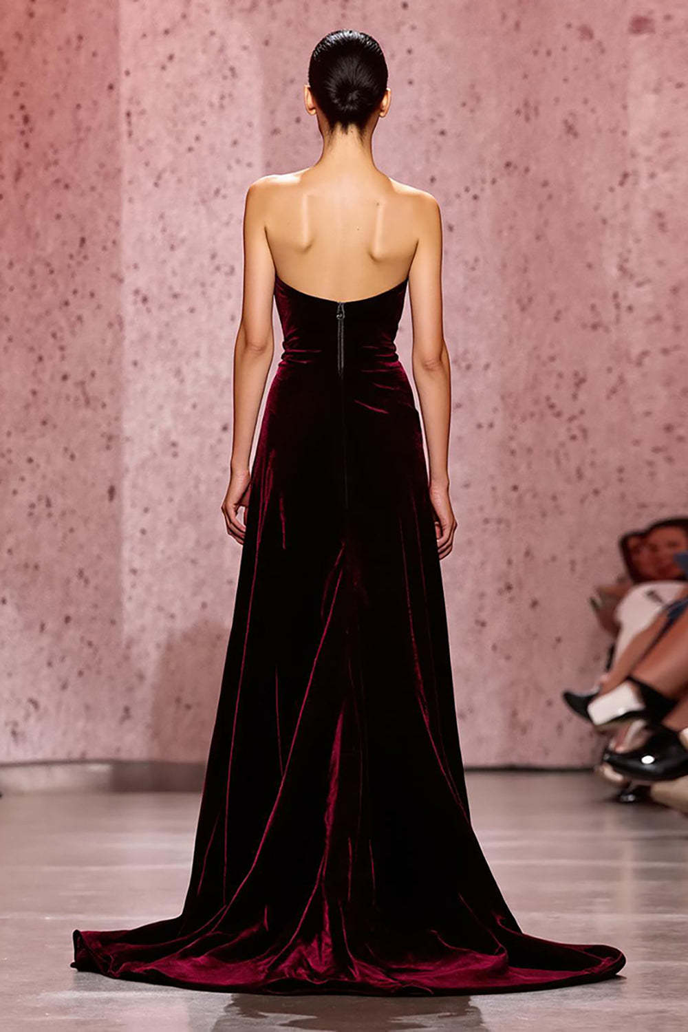 Dark Red Strapless Velvet Maxi Sheath Evening Dress