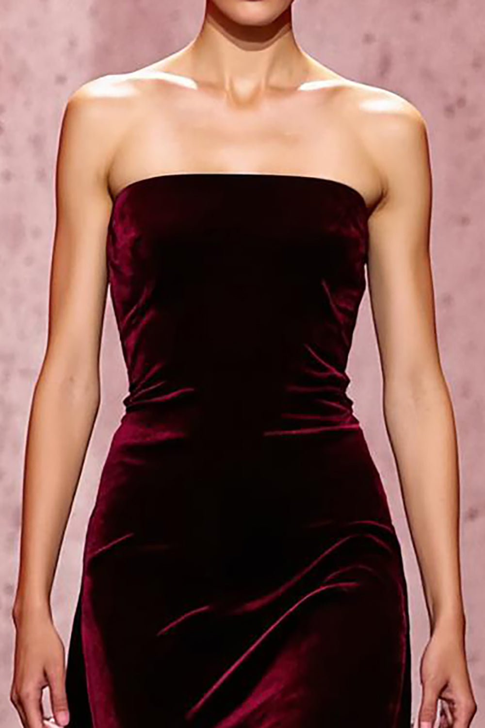 Dark Red Strapless Velvet Maxi Sheath Evening Dress