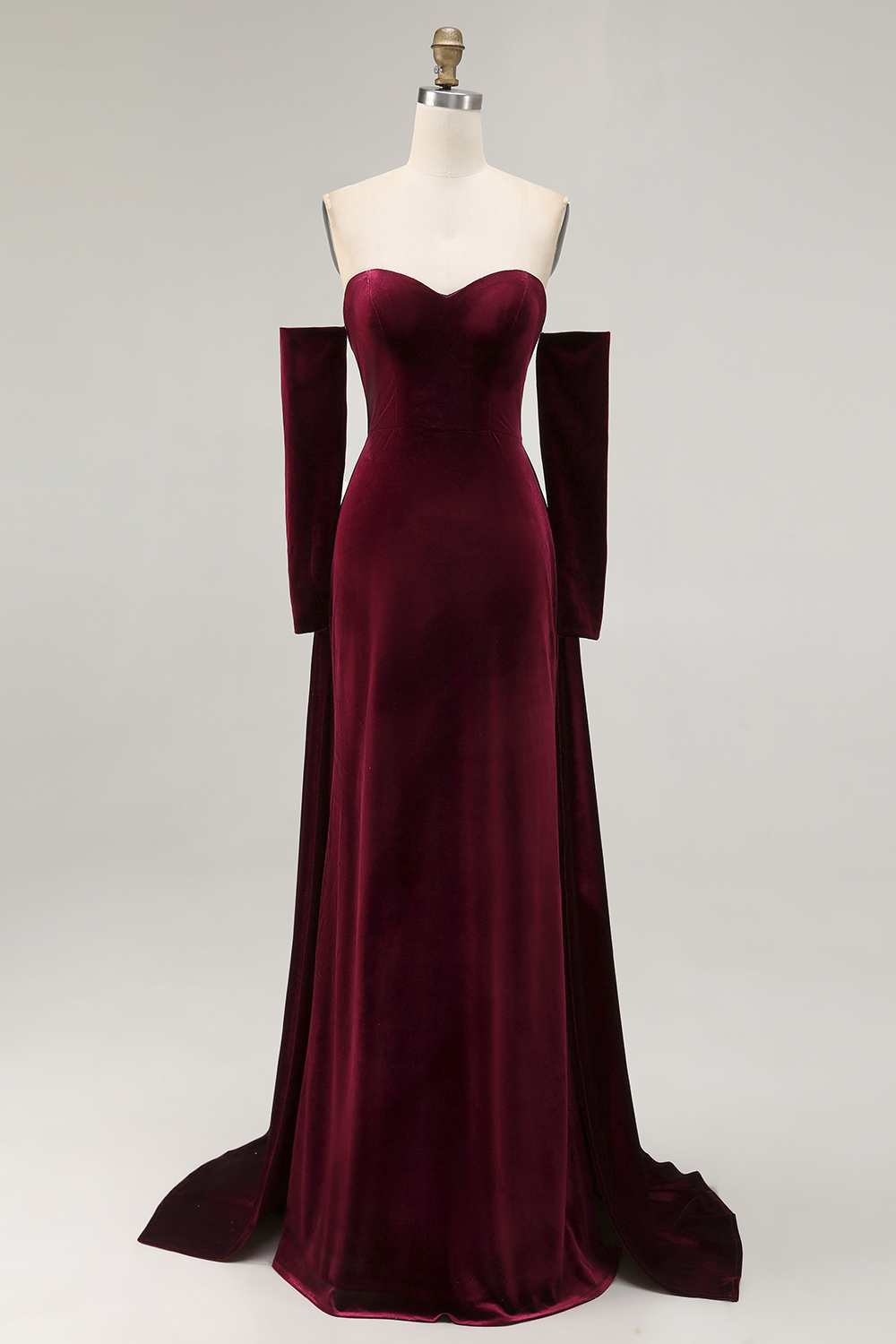 Dark Red Velvet Mermaid Maxi Sweetheart Evening Dress with Cape
