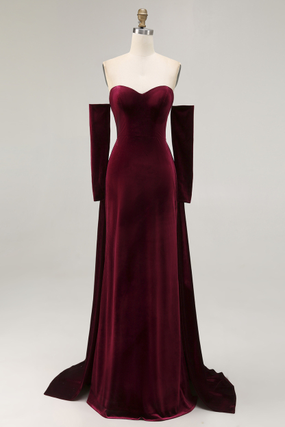 Dark Red Velvet Mermaid Maxi Sweetheart Evening Dress with Cape