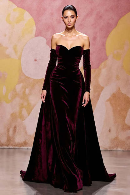 Dark Red Velvet Mermaid Maxi Sweetheart Evening Dress with Cape