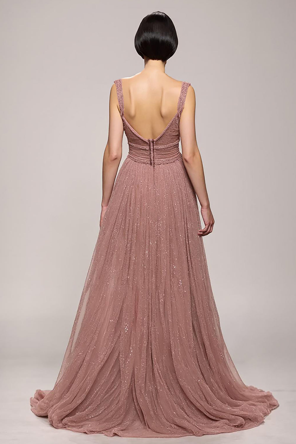 Sparkly Pink Deep V-Neck A Line Ruched Long Evening Dress