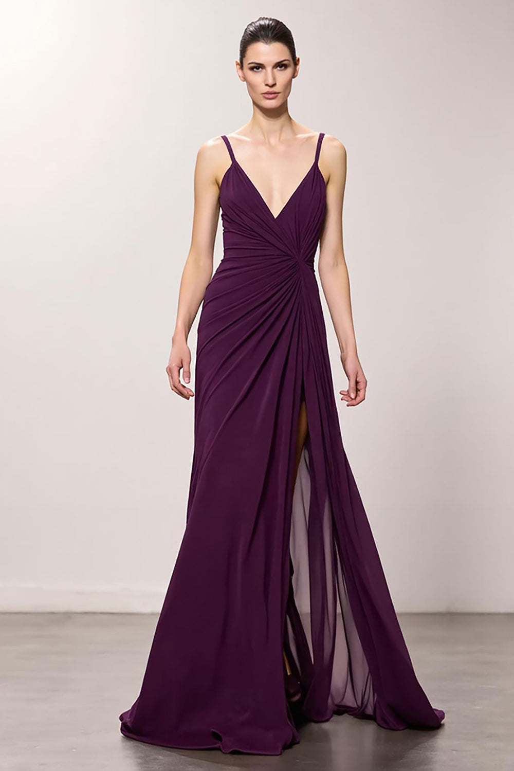Leely Women Purple Chiffon Maxi Evening Dress with Slit Sheath V Neck Ruched Backless Formal Dress