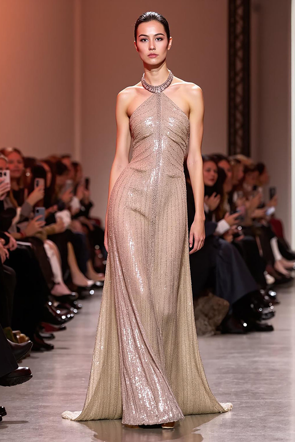 Sparkly Champagne Sequined Halter Mermaid Backless Maxi Evening Dress