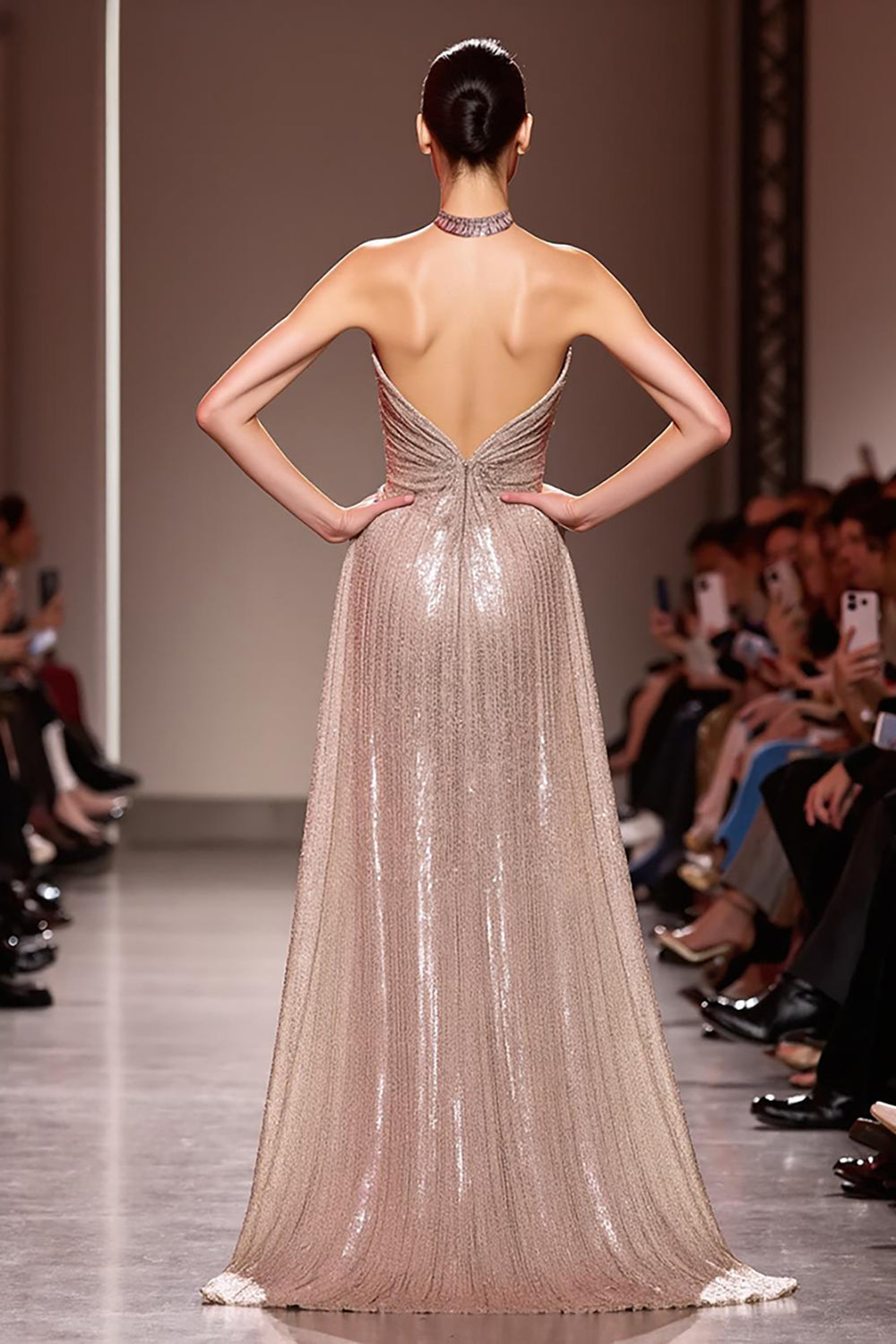 Sparkly Champagne Sequined Halter Mermaid Backless Maxi Evening Dress