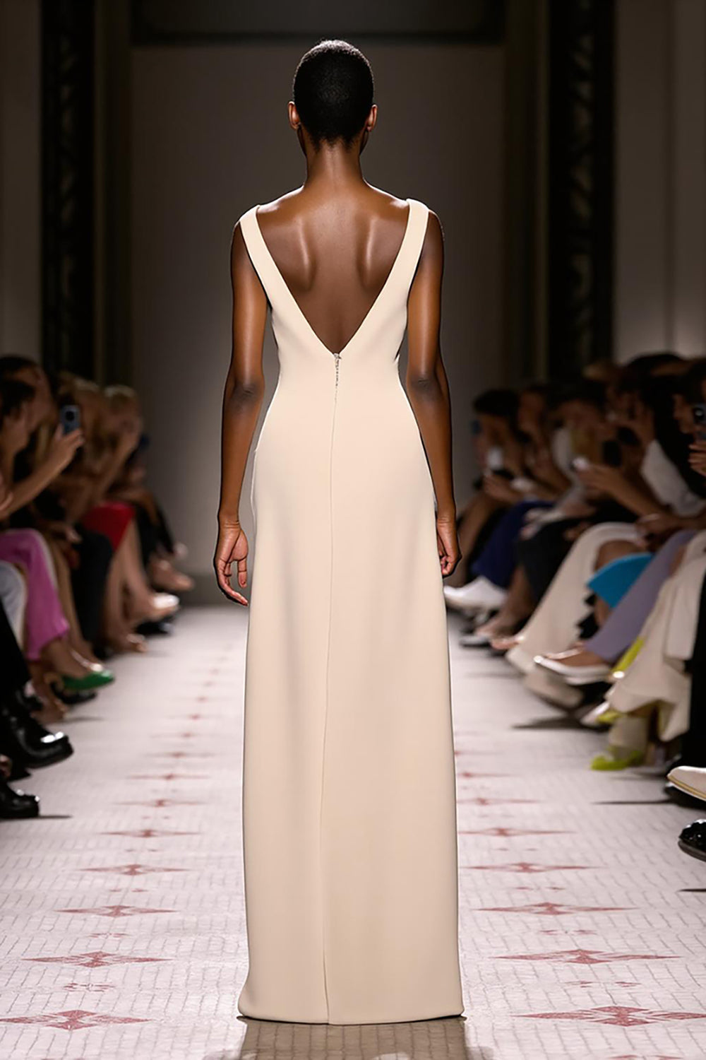 Simple Ivory Double V-Neck Sheath Satin Maxi Evening Dress