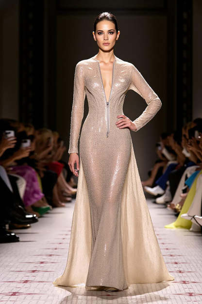 Leely Women Sparkly Champagne Mermaid Evening Dress with Zippers Sequin Long Sleeves Open Back Gala Dress