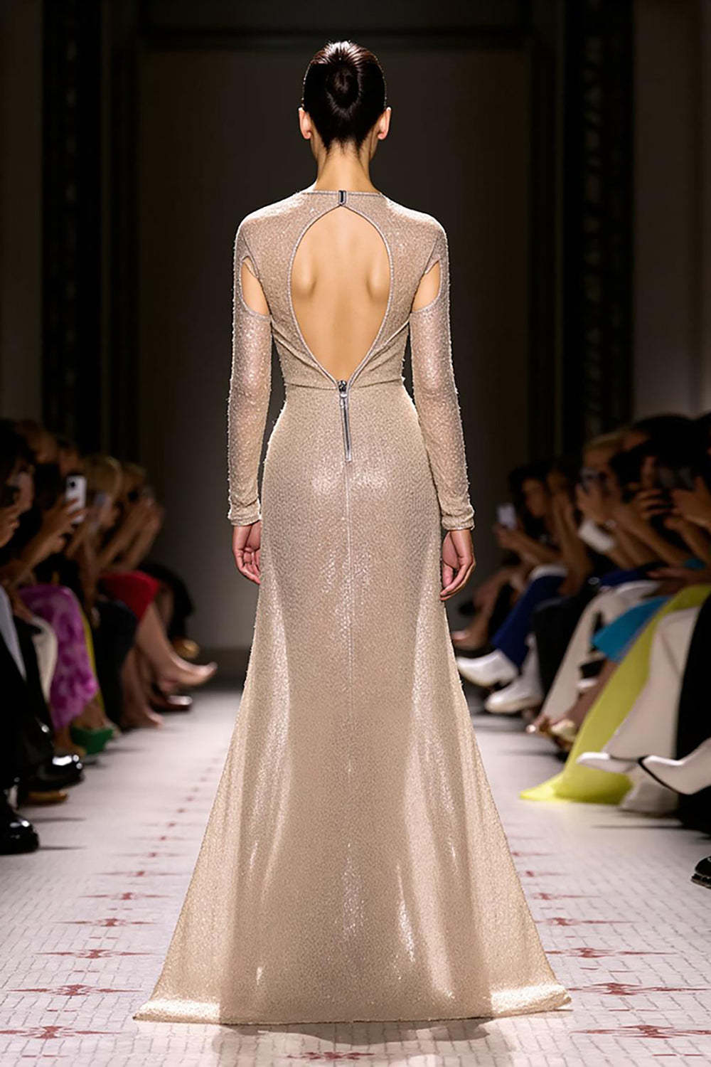 Sparkly Champagne Mermaid Long Sleeves Open Back Evening Dress