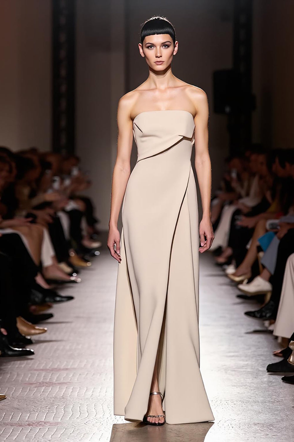 Ivory Sheath Strapless Ruched Maxi Evening Dress with Slit