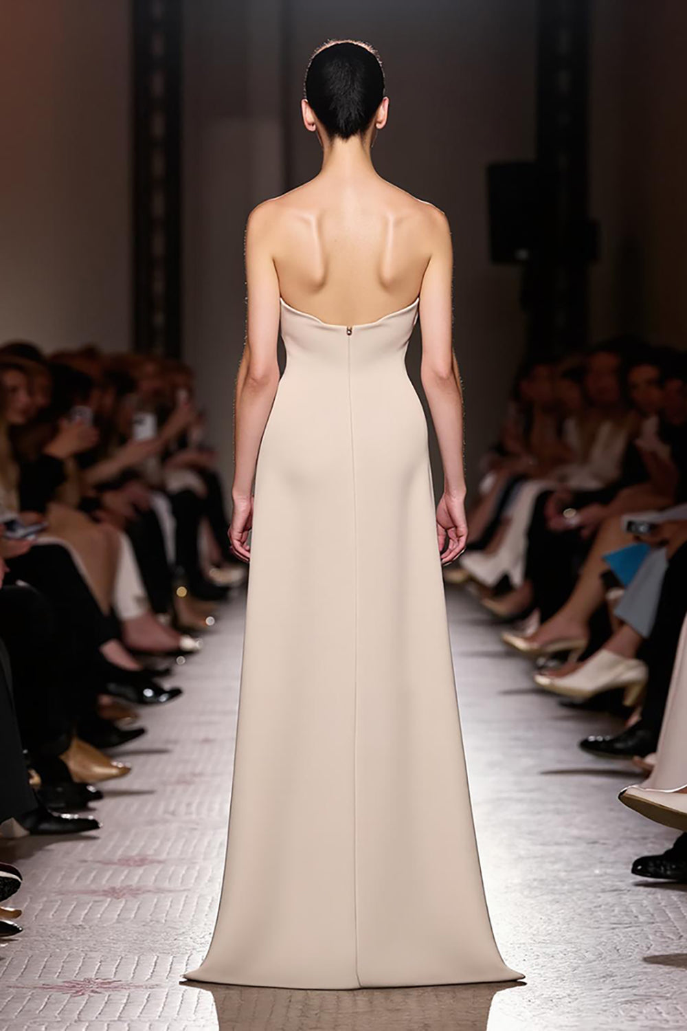 Ivory Sheath Strapless Ruched Maxi Evening Dress with Slit