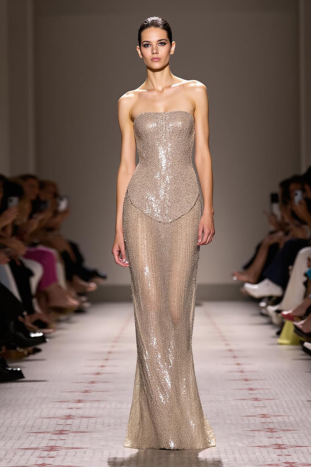 Leely Women Sparkly Champagne Sheath Maxi Evening Dress Strapless Sequined Backless Gala Dress