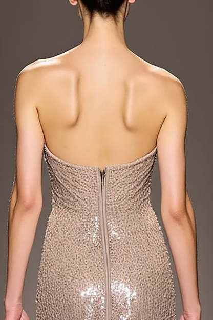 Champagne Strapless Sheath Maxi Sparkly Sequined Evening Dress