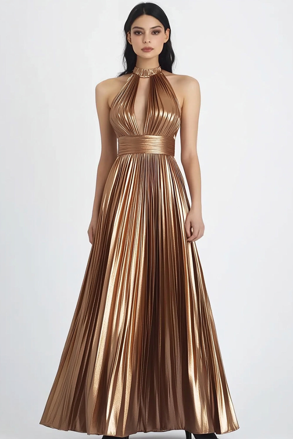 Gold Metallic Pleated Halter Maxi Evening Dress
