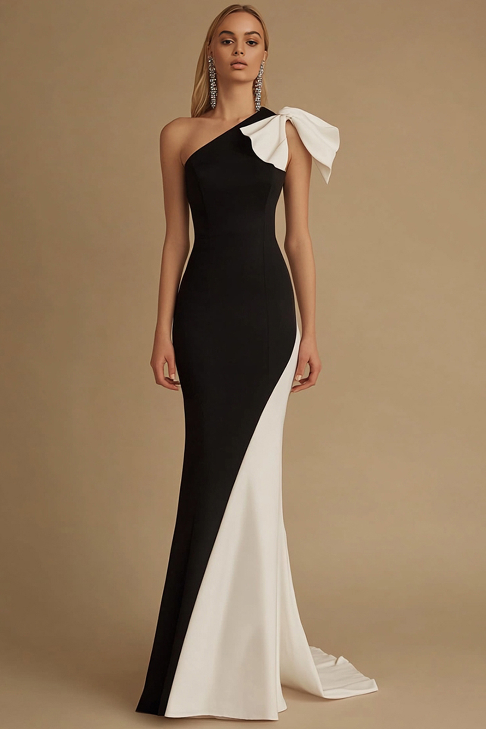 Leely Women Black and White Satin Maxi Evening Dress One Shoulder Mermaid Formal Dress with Bow