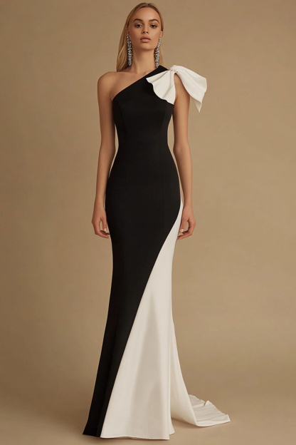 Leely Women Black and White Satin Maxi Evening Dress One Shoulder Mermaid Formal Dress with Bow