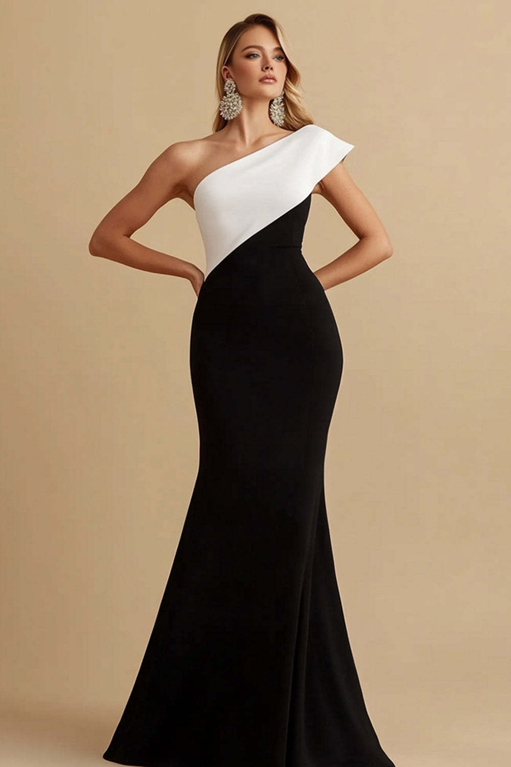 Leely Women Black and White Satin Maxi Evening Dress Mermaid One Shoulder Formal Dress