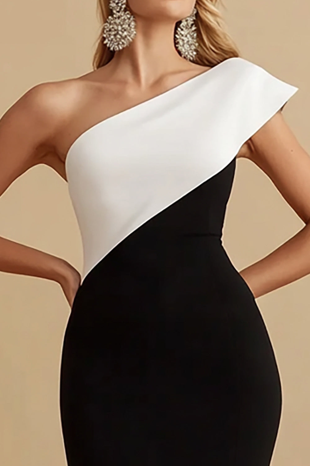 Black and White Satin One Shoulder Mermaid Maxi Evening Dress