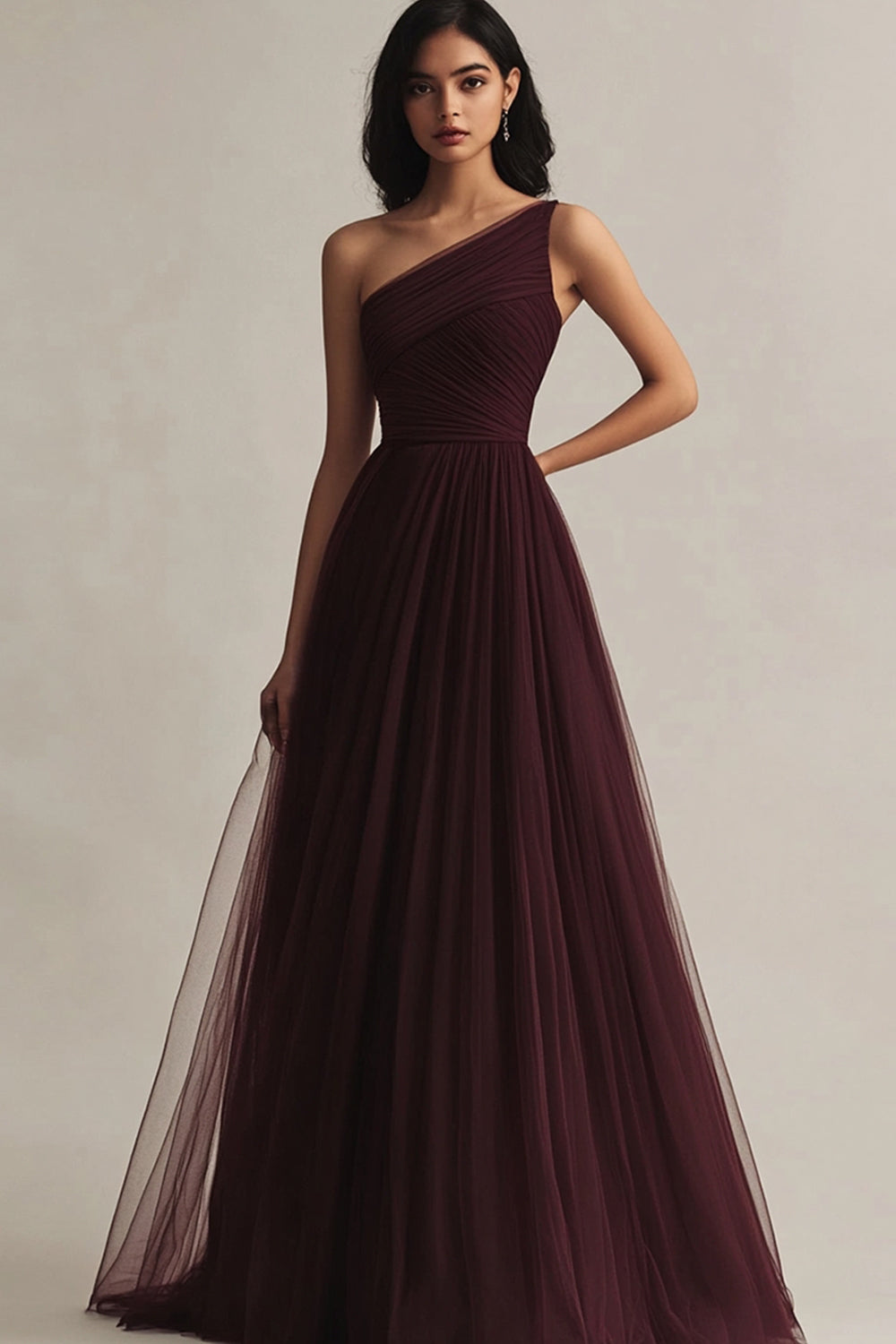 Leely Women Burgundy A Line Tulle Maxi Evening Dress One Shoulder Ruched Formal Dress
