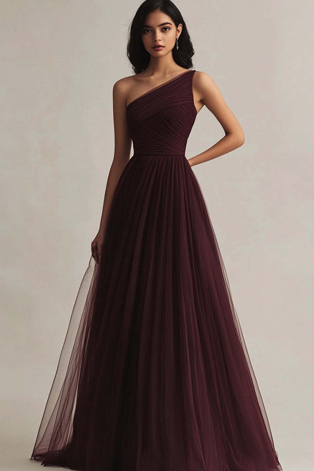 Leely Women Burgundy A Line Tulle Maxi Evening Dress One Shoulder Ruched Formal Dress