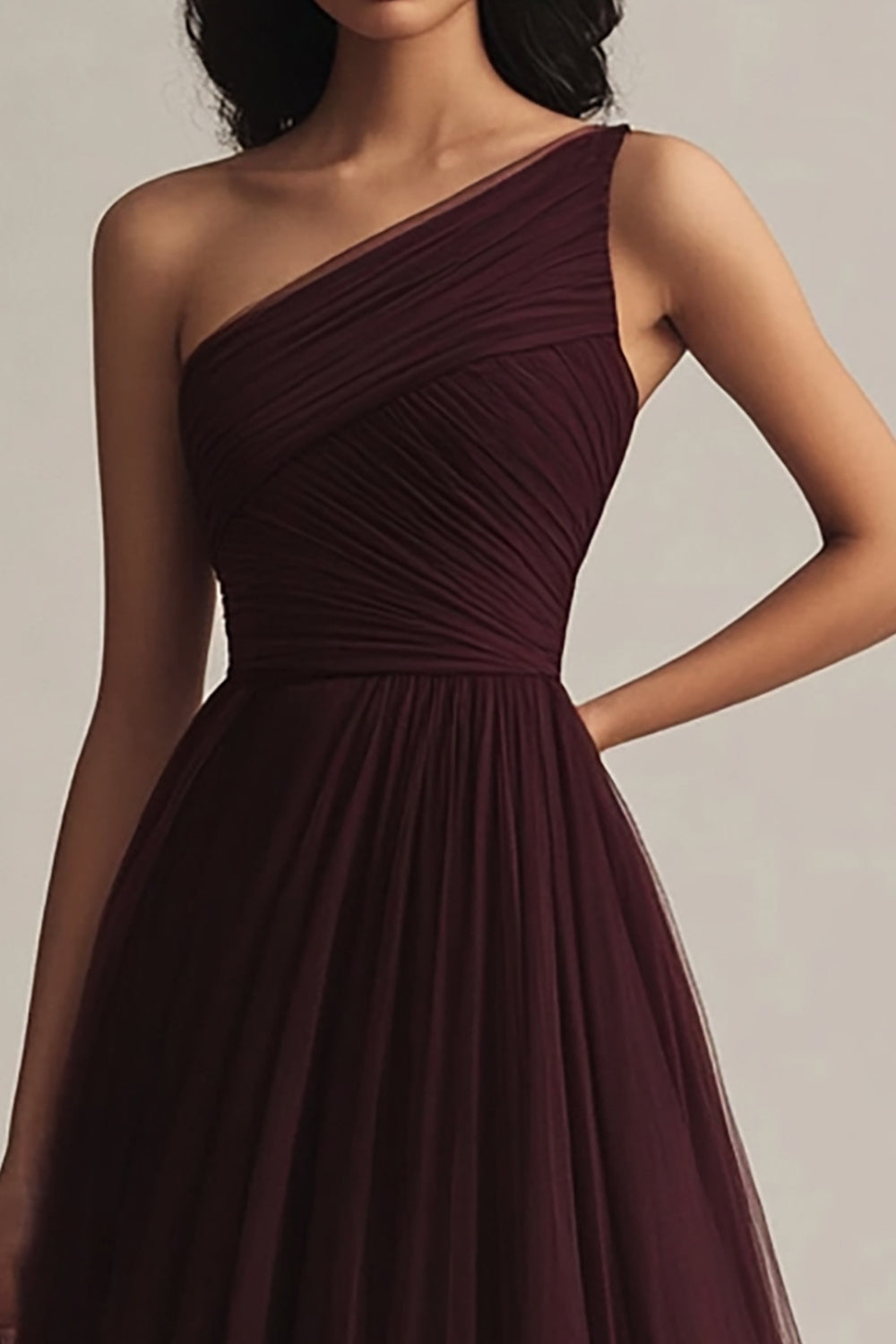 Burgundy One Shoulder Tulle A Line Maxi Evening Dress