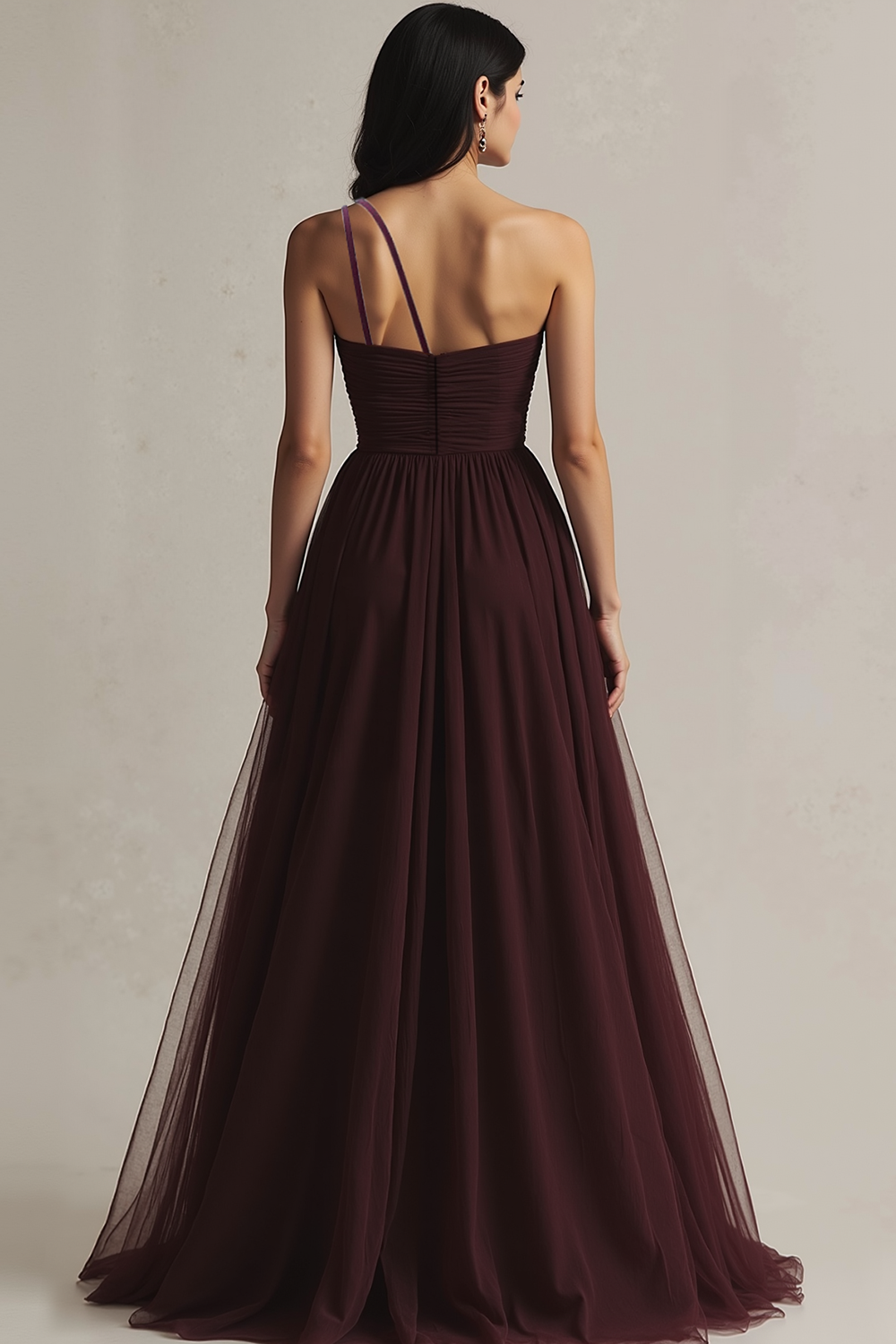 Burgundy One Shoulder Tulle A Line Maxi Evening Dress