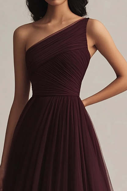 Burgundy One Shoulder Tulle A Line Maxi Evening Dress