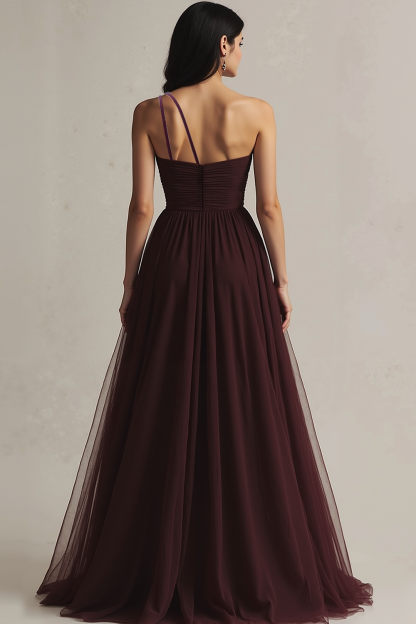 Burgundy One Shoulder Tulle A Line Maxi Evening Dress