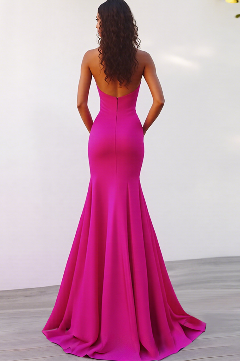 Fuchsia Halter Satin Maxi Mermaid Evening Dress