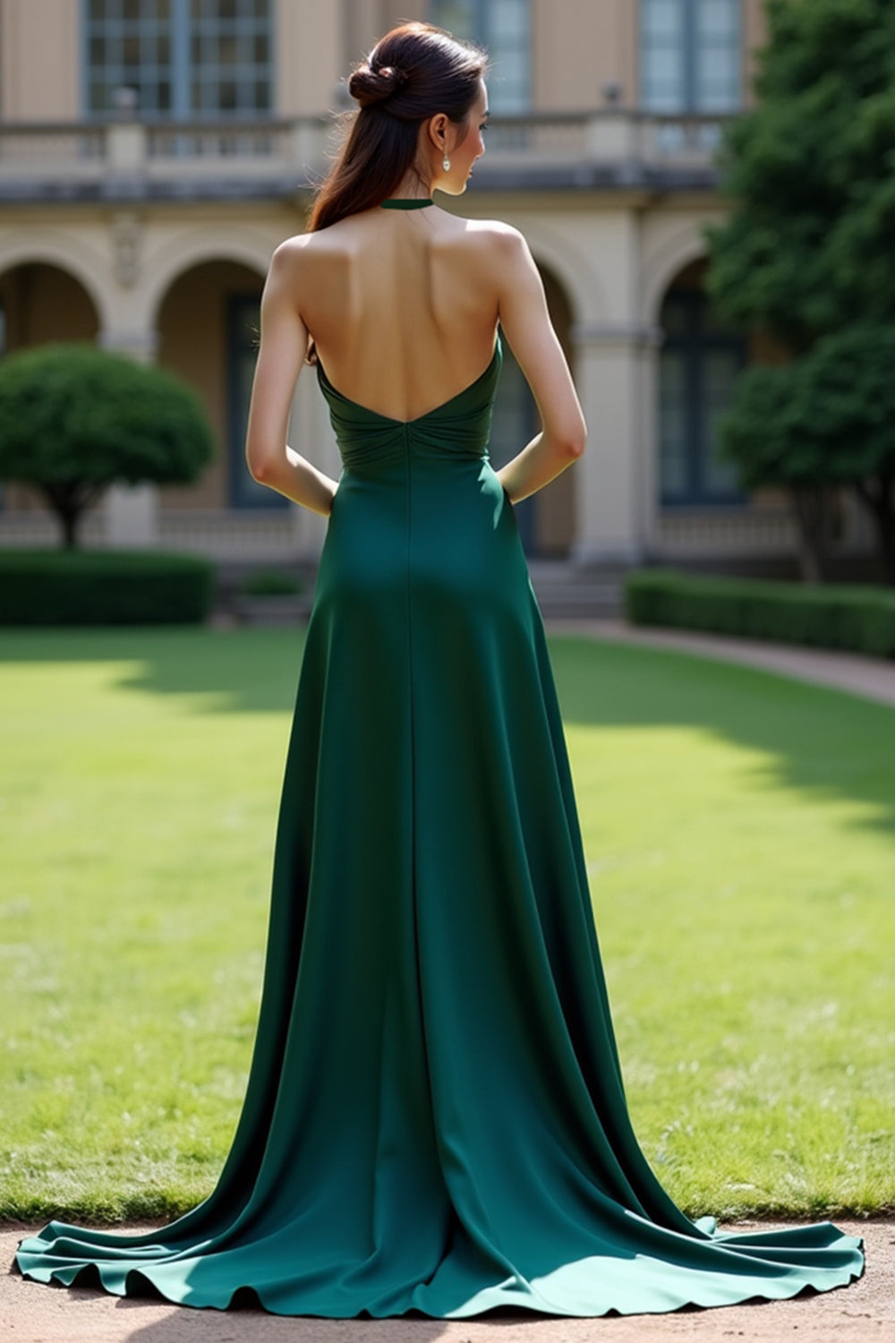 Dark Green Halter Satin A Line Maxi Evening Dress with Slit