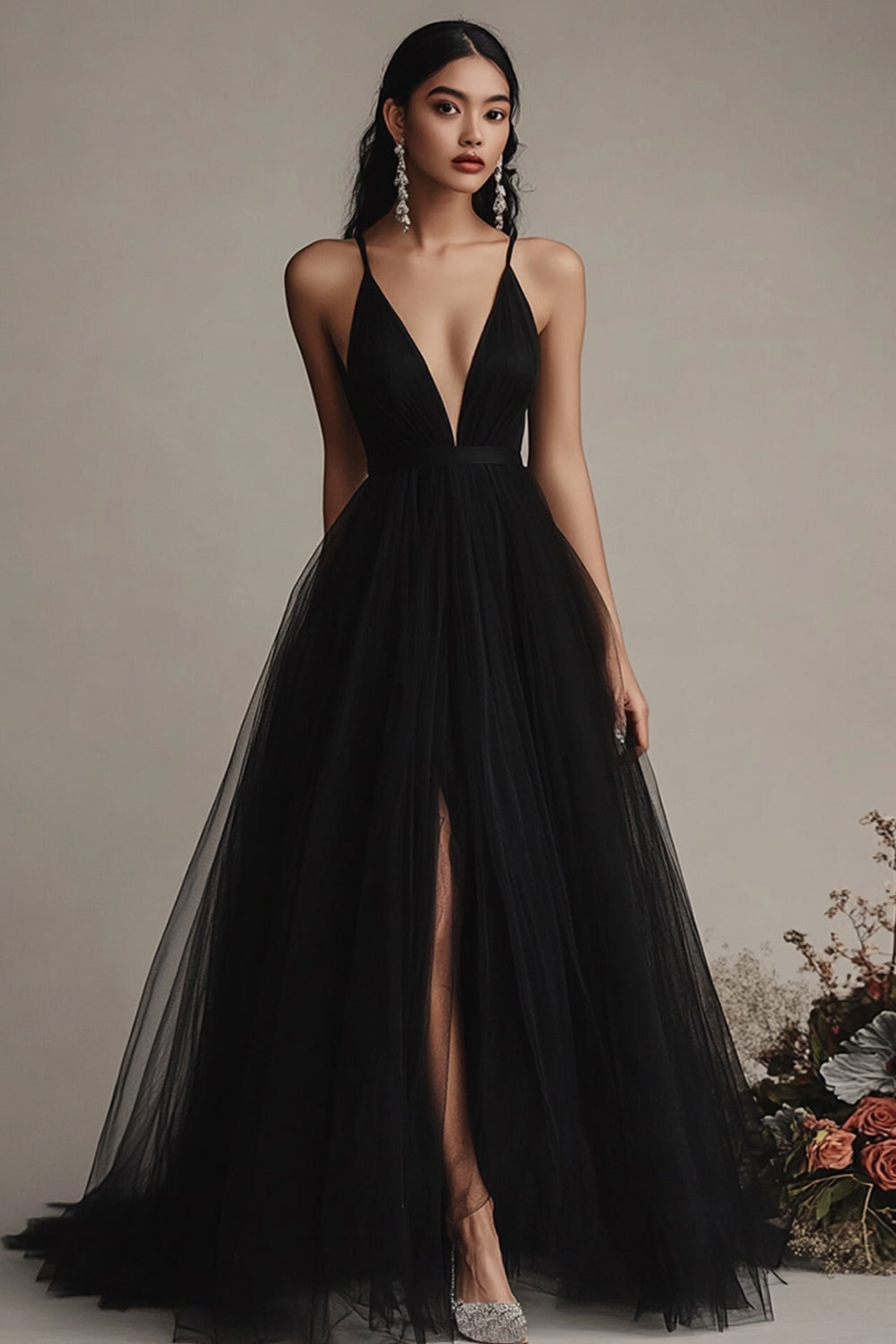 Leely Women Black Tulle Maxi Evening Dress Spaghetti Straps A Line Formal Dress with Slit