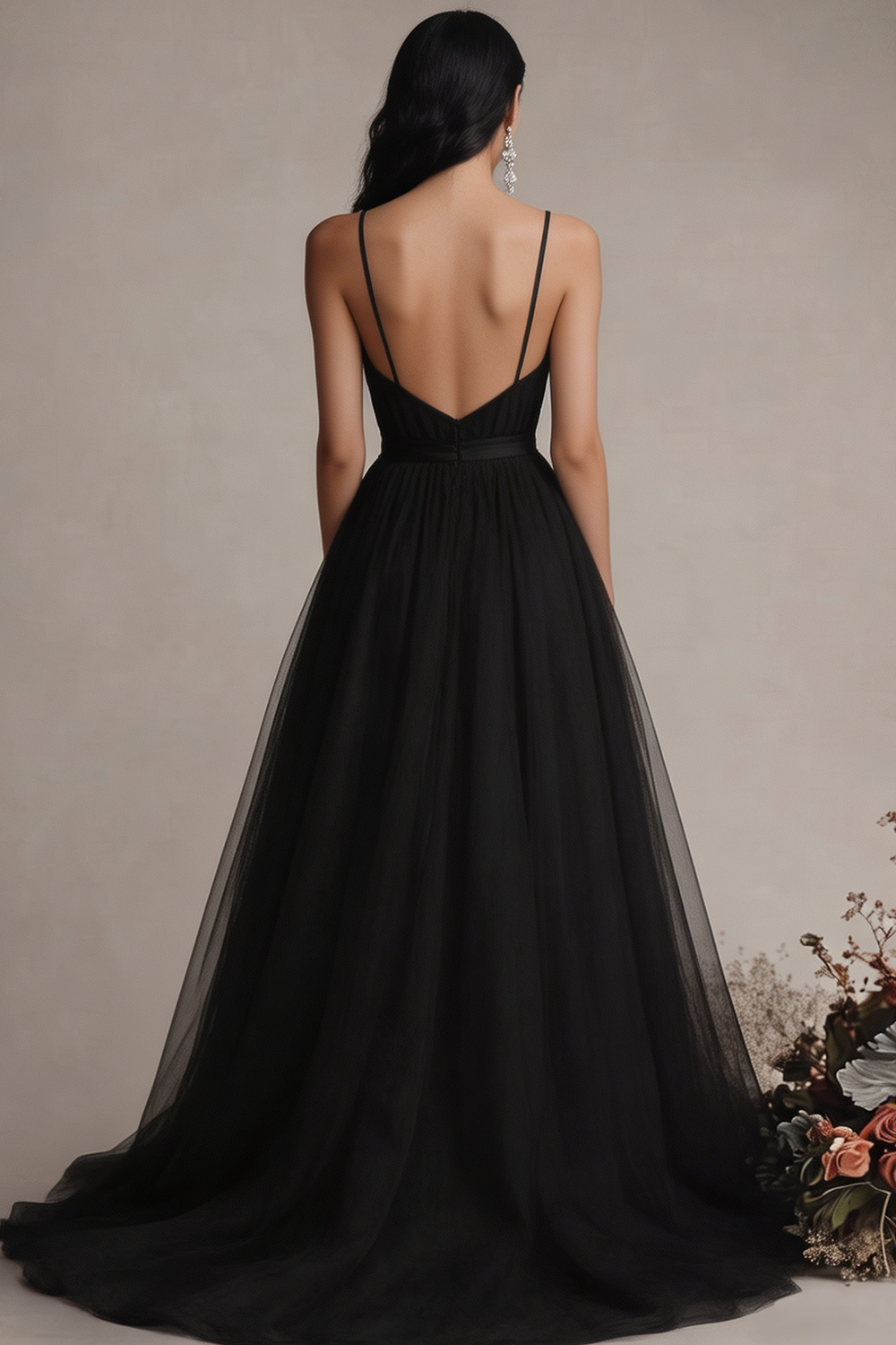 Black Spaghetti Straps Tulle A Line Maxi Evening Dress with Slit
