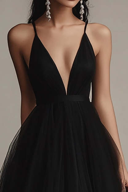 Black Spaghetti Straps Tulle A Line Maxi Evening Dress with Slit
