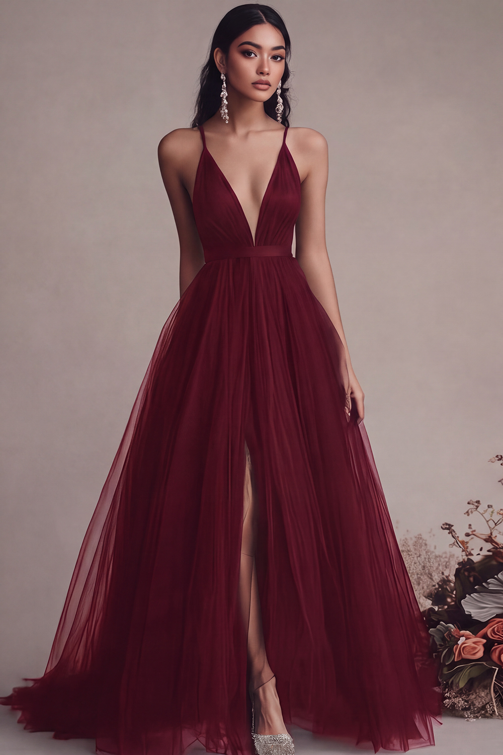 Black Spaghetti Straps Tulle A Line Maxi Evening Dress with Slit