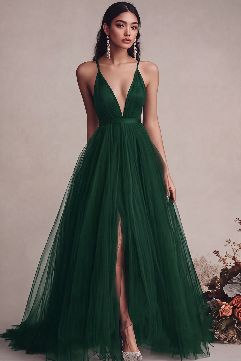 Black Spaghetti Straps Tulle A Line Maxi Evening Dress with Slit