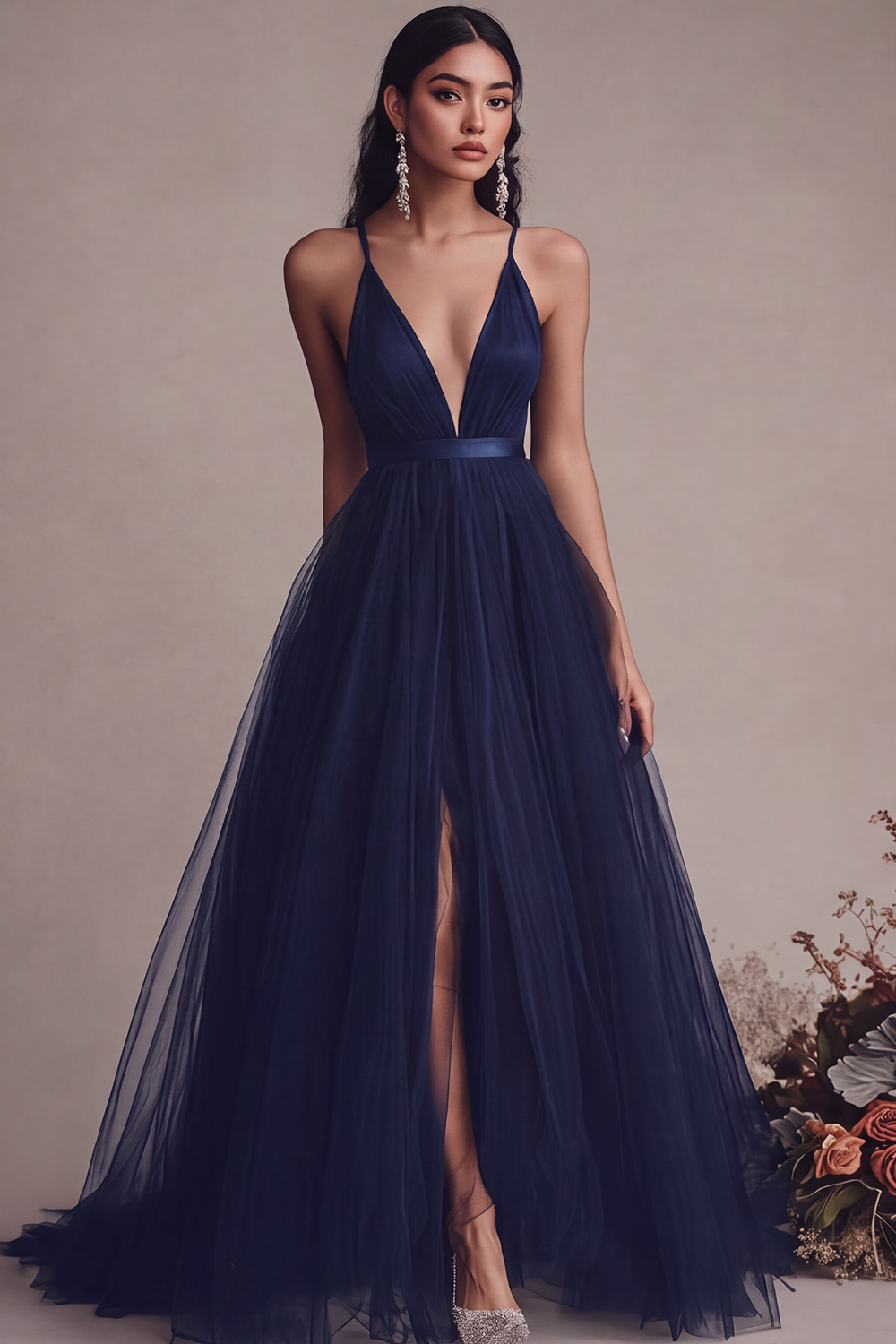Black Spaghetti Straps Tulle A Line Maxi Evening Dress with Slit