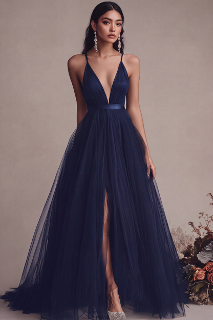 Black Spaghetti Straps Tulle A Line Maxi Evening Dress with Slit